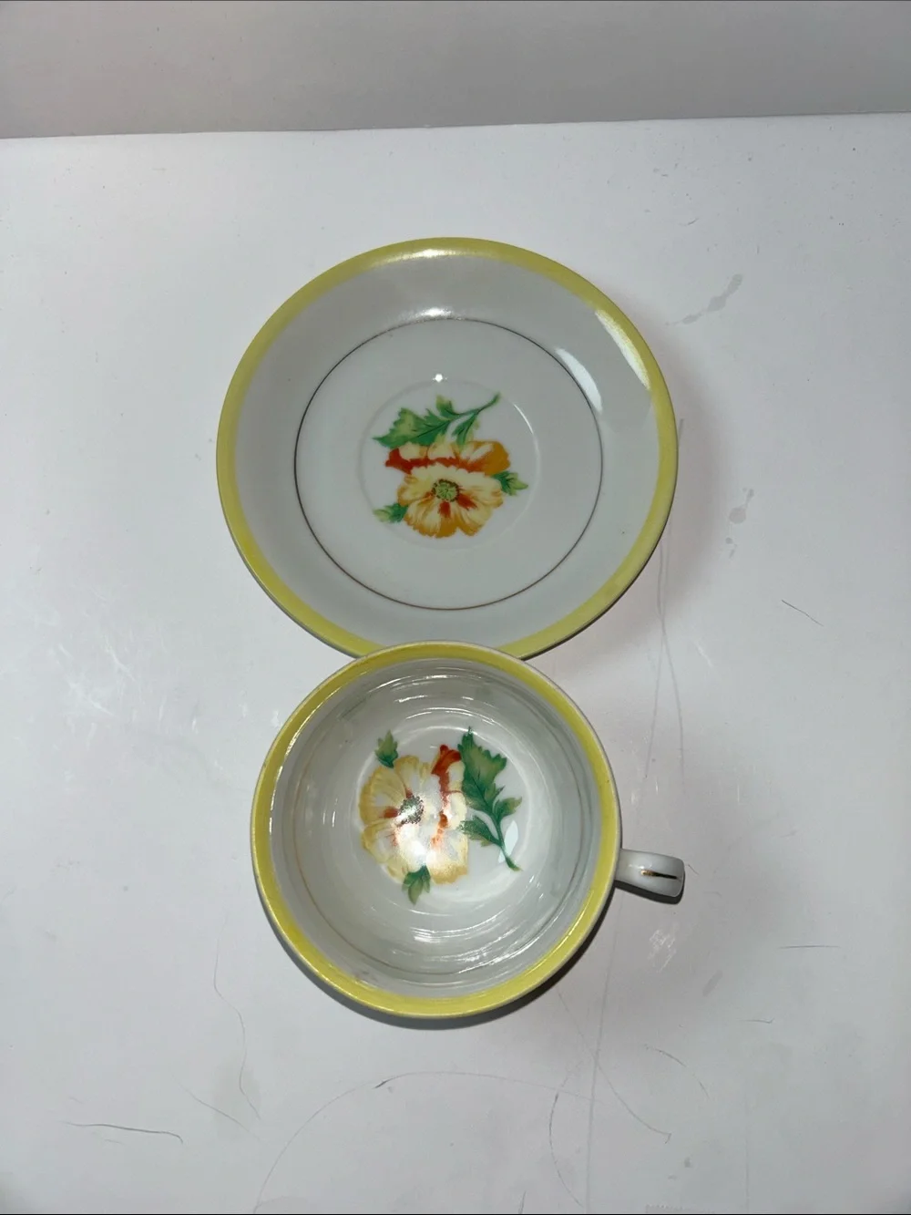 Hand Painted Floral Print Teacup and Saucer Marked Japan Cottage core Style
